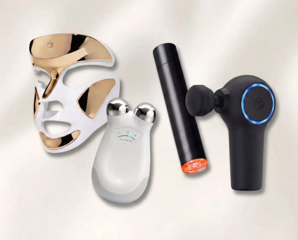 A curated edit of at-home skincare devices including an LED face mask, microcurrent tool, red light wand, and facial toning device