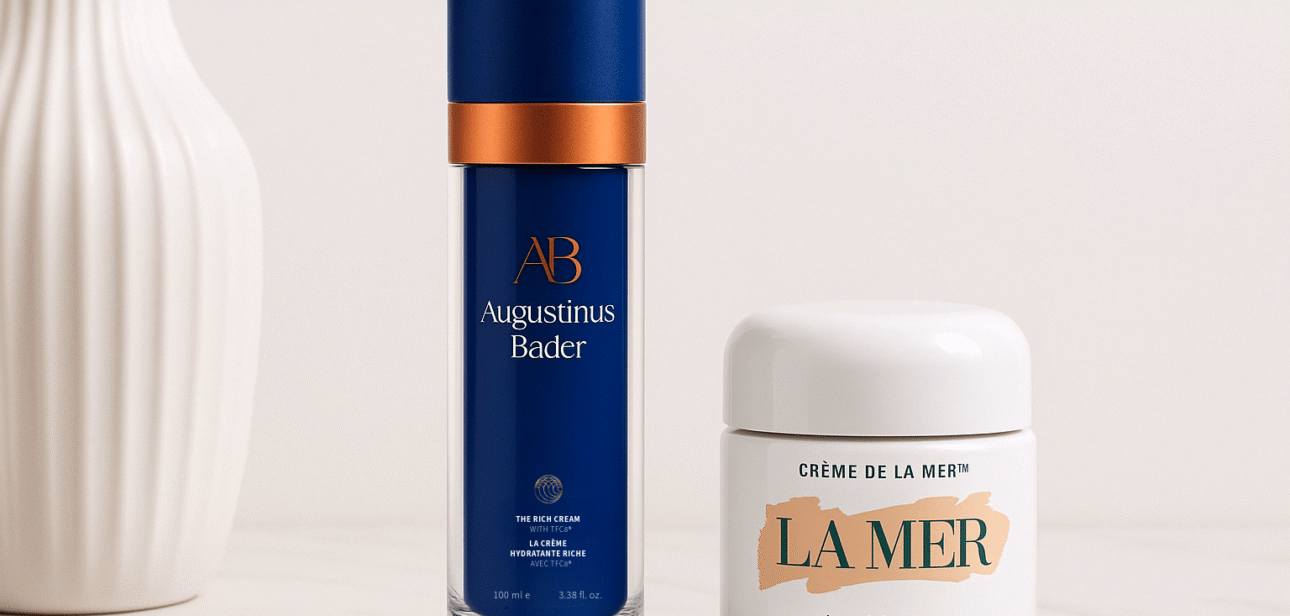Augustinus Bader Rich Cream bottle and La Mer Moisturizing Cream jar side by side on a minimalist vanity