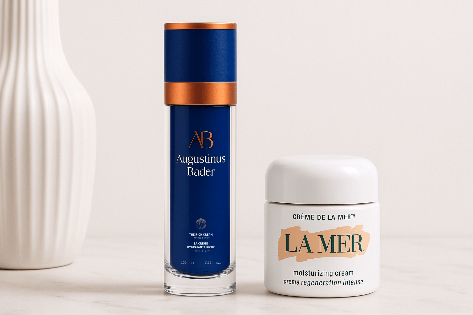 Augustinus Bader Rich Cream bottle and La Mer Moisturizing Cream jar side by side on a minimalist vanity