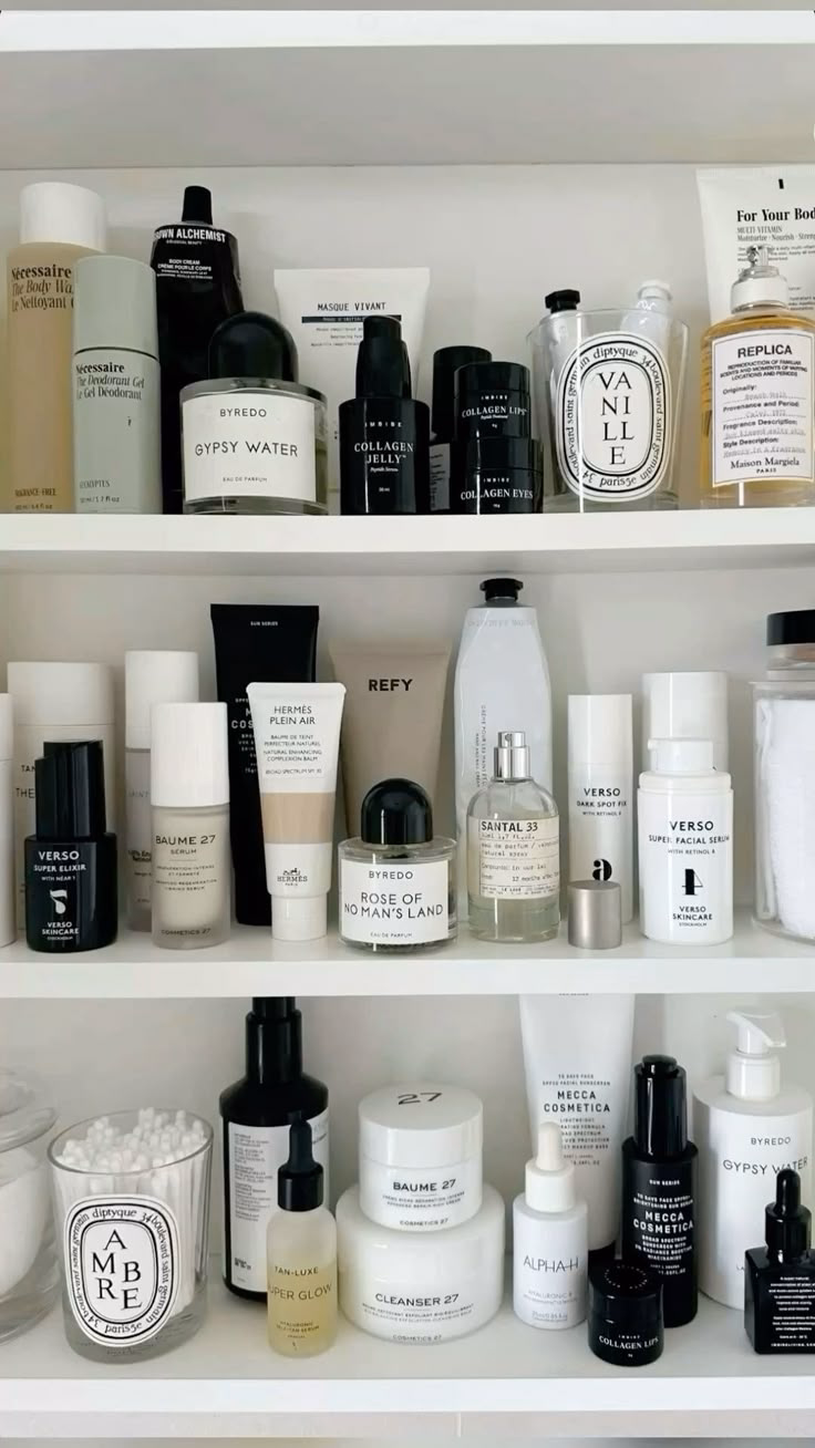 Organized shelf filled with various skincare and beauty products.
