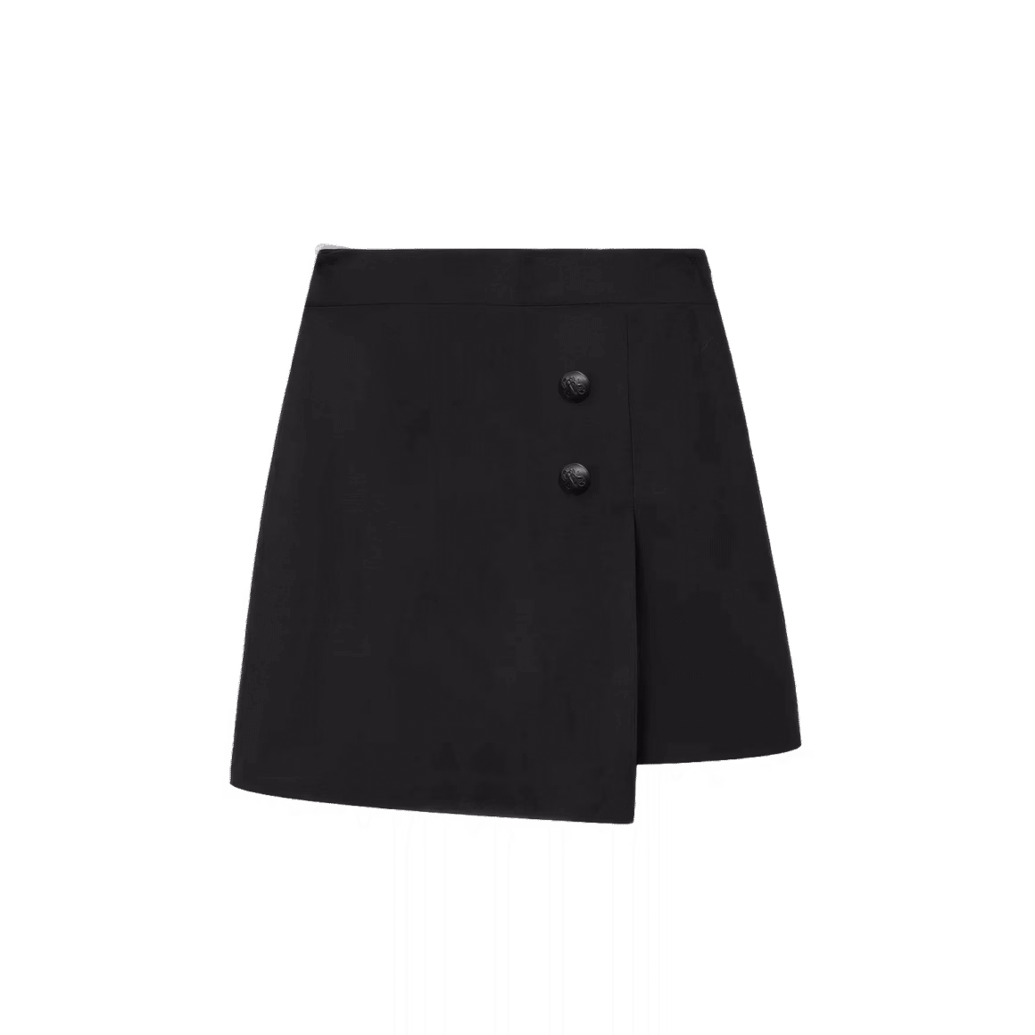Structured black skort with asymmetrical wrap front and two-button detail