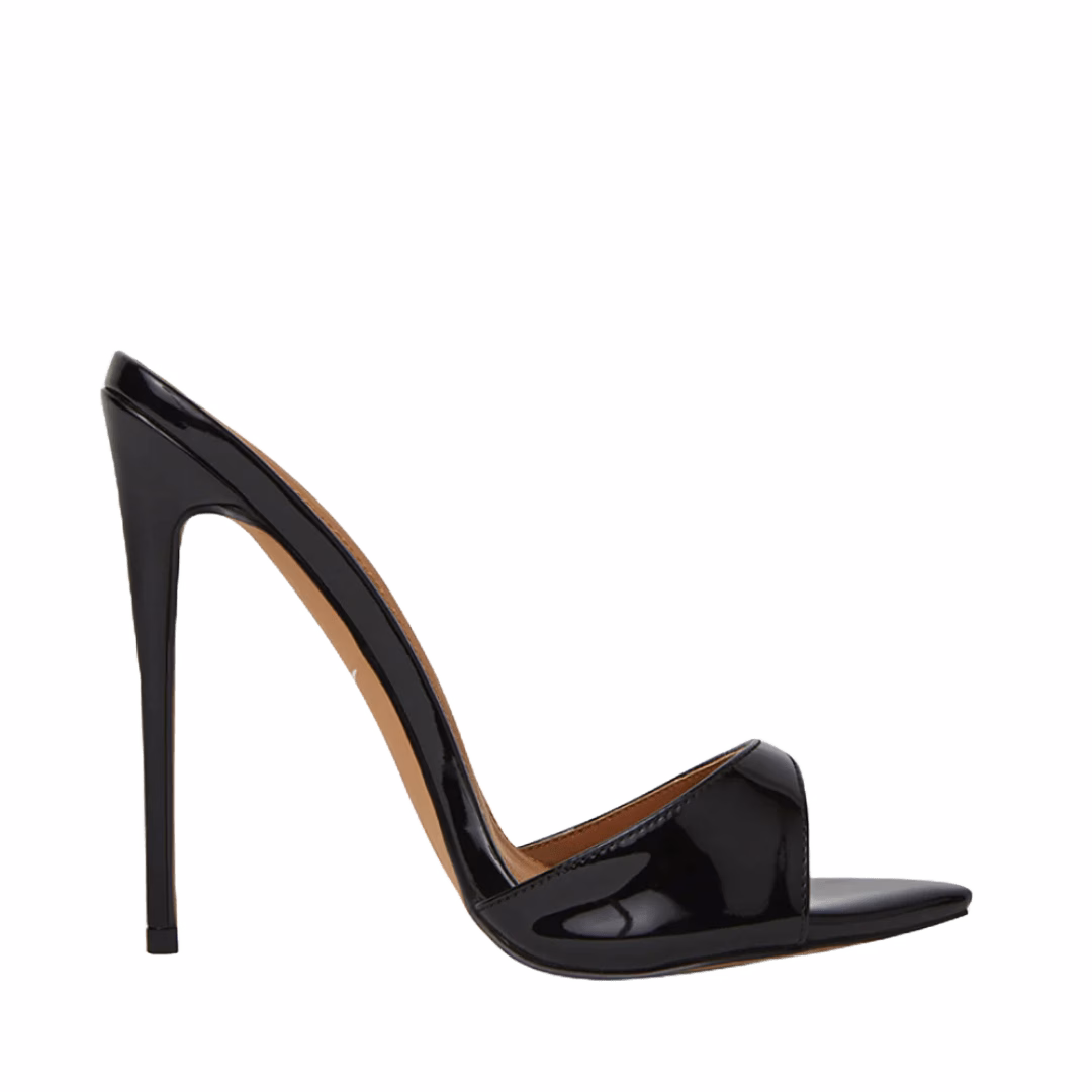 High stiletto mule with black vegan patent leather and open toe by Cult of Coquette