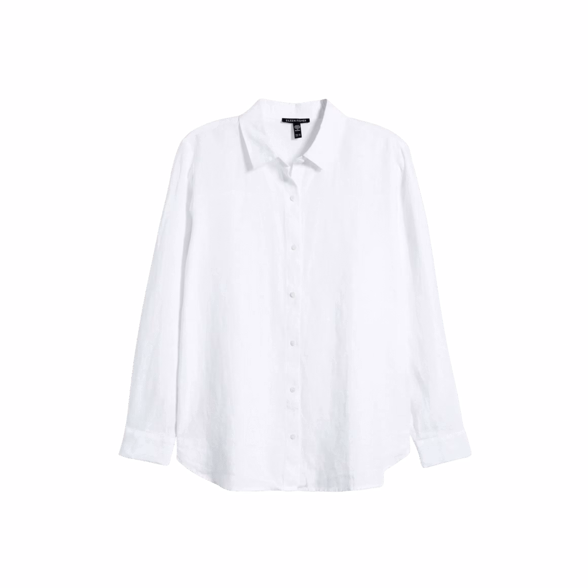 Crisp white organic linen button-up shirt with long sleeves and relaxed fit