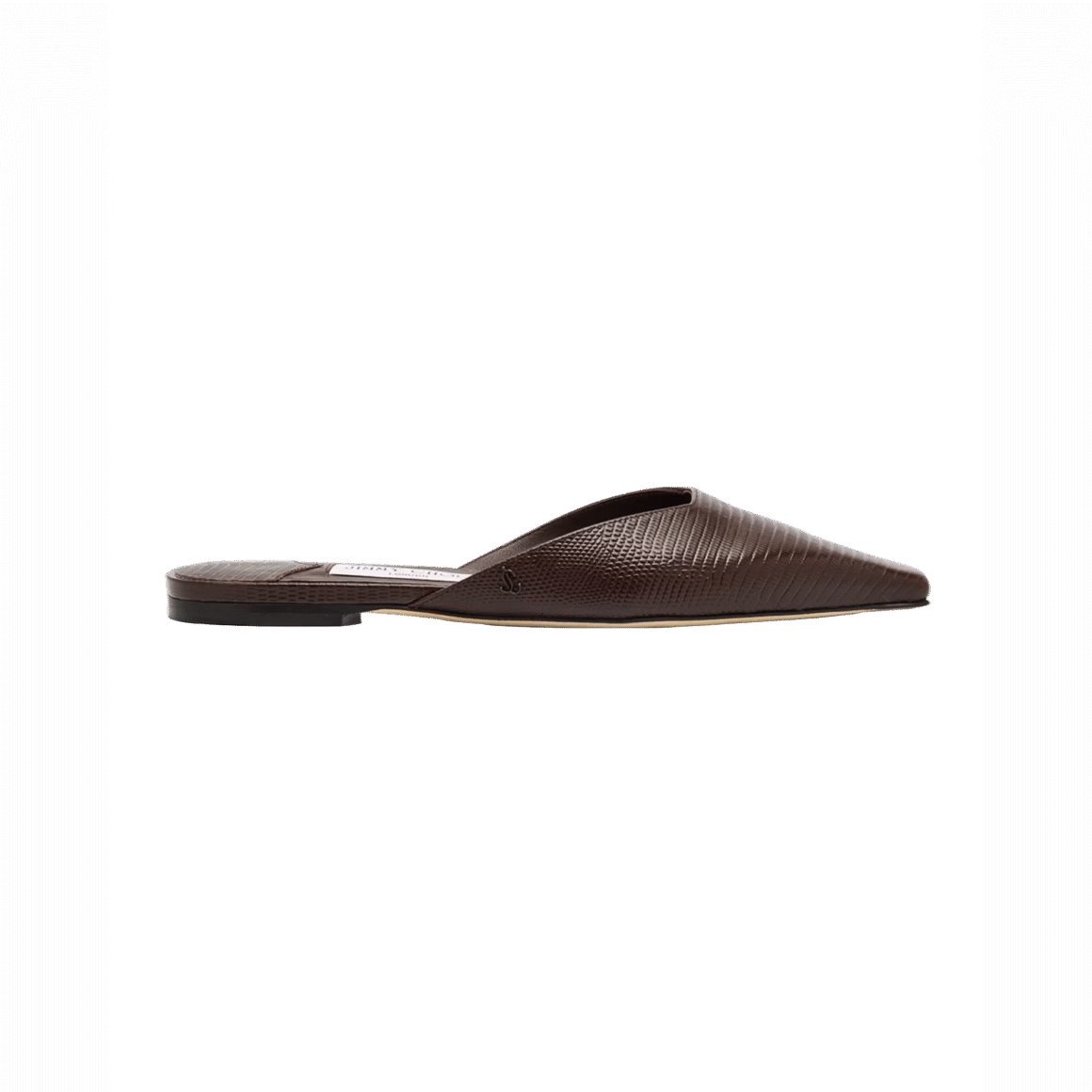 Dark brown pointed flat mule with lizard embossing by Jimmy Choo