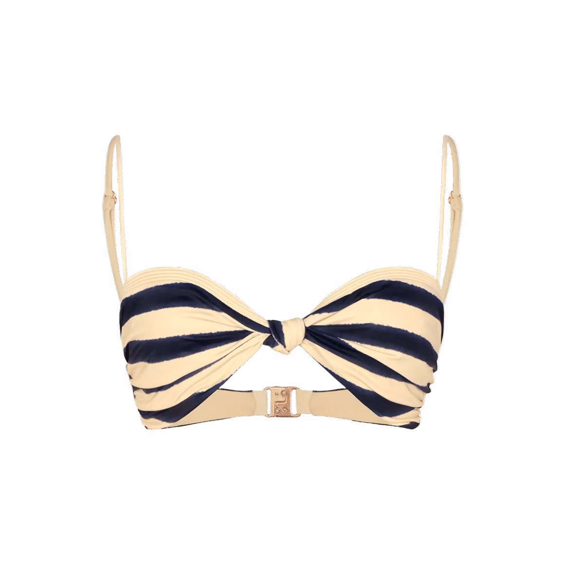 Bandeau-style bikini top with twisted front and navy striped print
