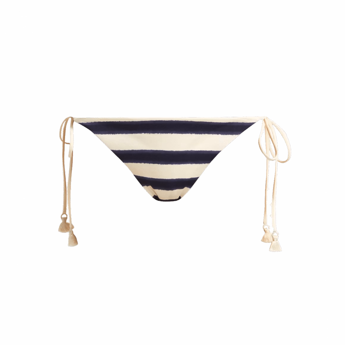 Ivory and navy side-tie bikini bottom with tassel ties and classic cut