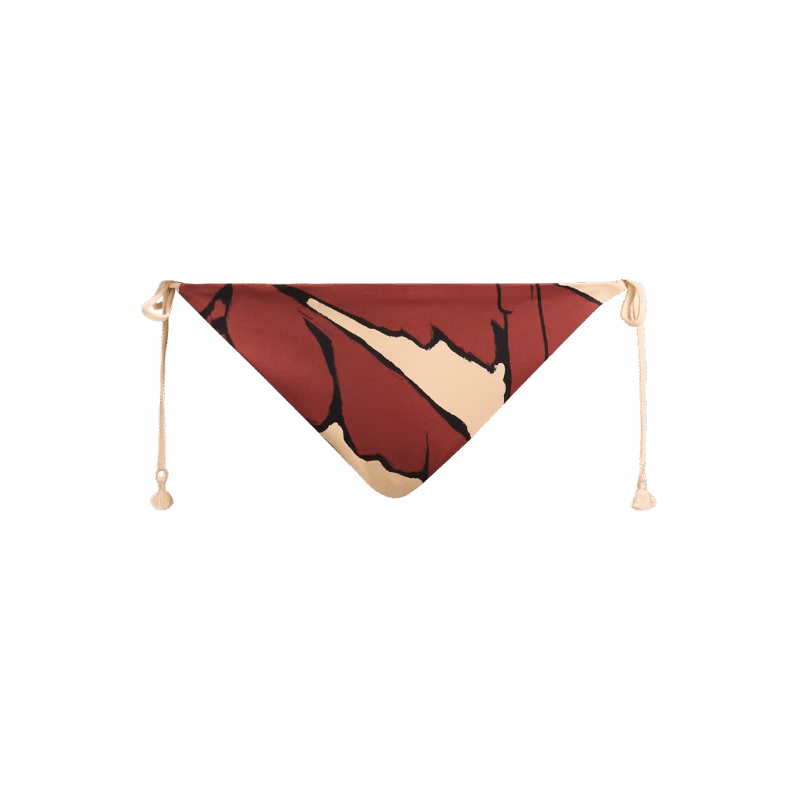 Red and tan string bikini bottom with abstract palm leaf motif