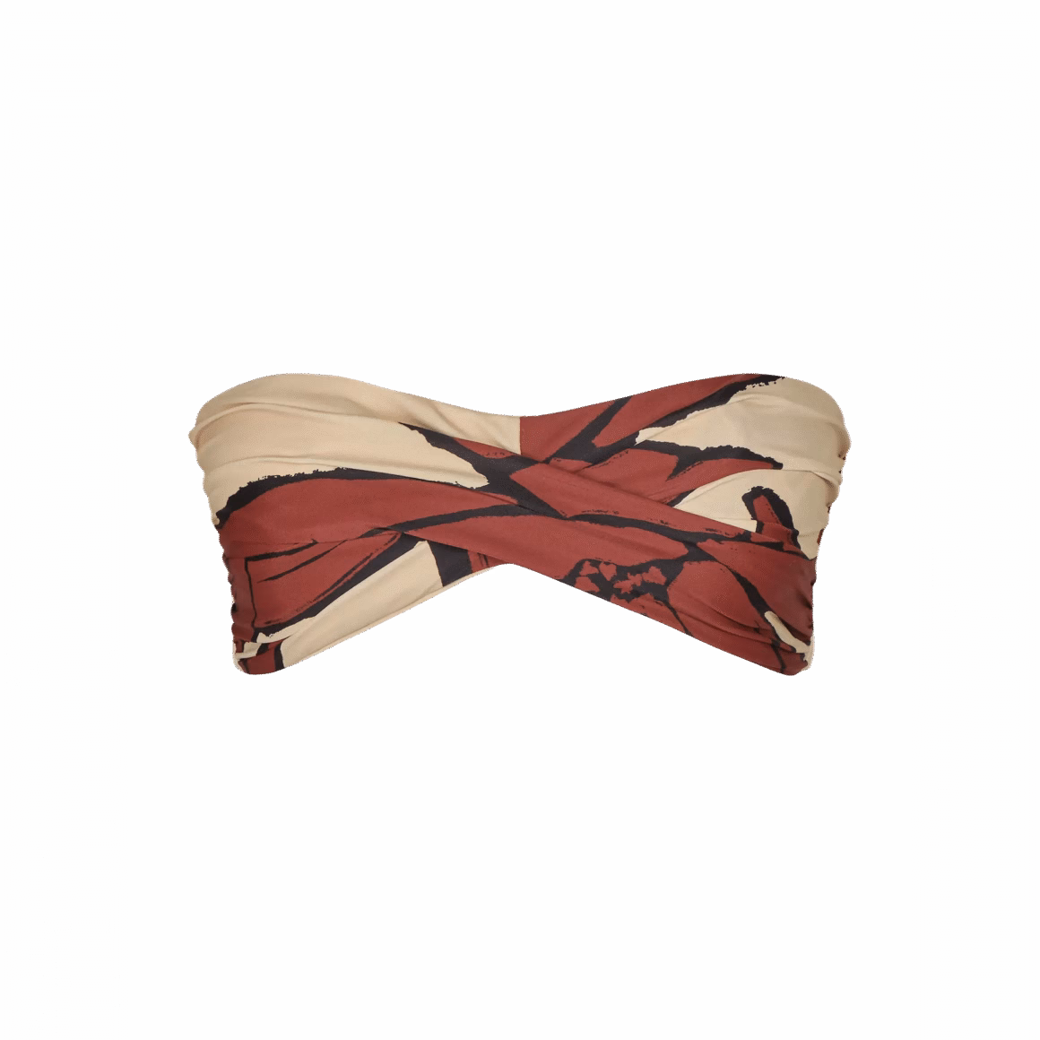 Bandeau-style bikini top with bold red and tan palm print from Johanna Ortiz