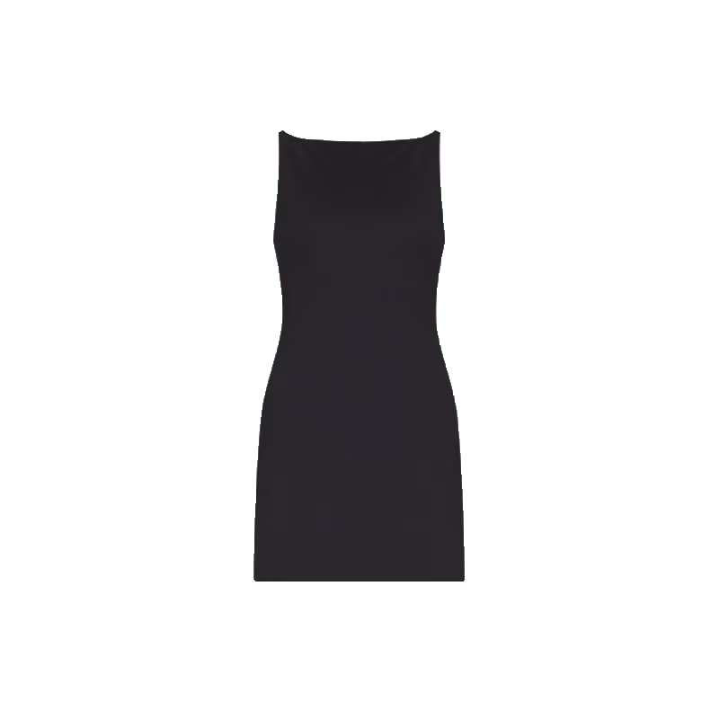 Black boatneck mini dress with tailored bodice and modern hourglass silhouette