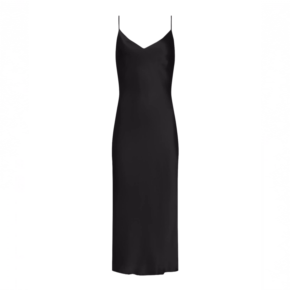 Sleek black silk midi slip dress with thin straps and V-neckline
