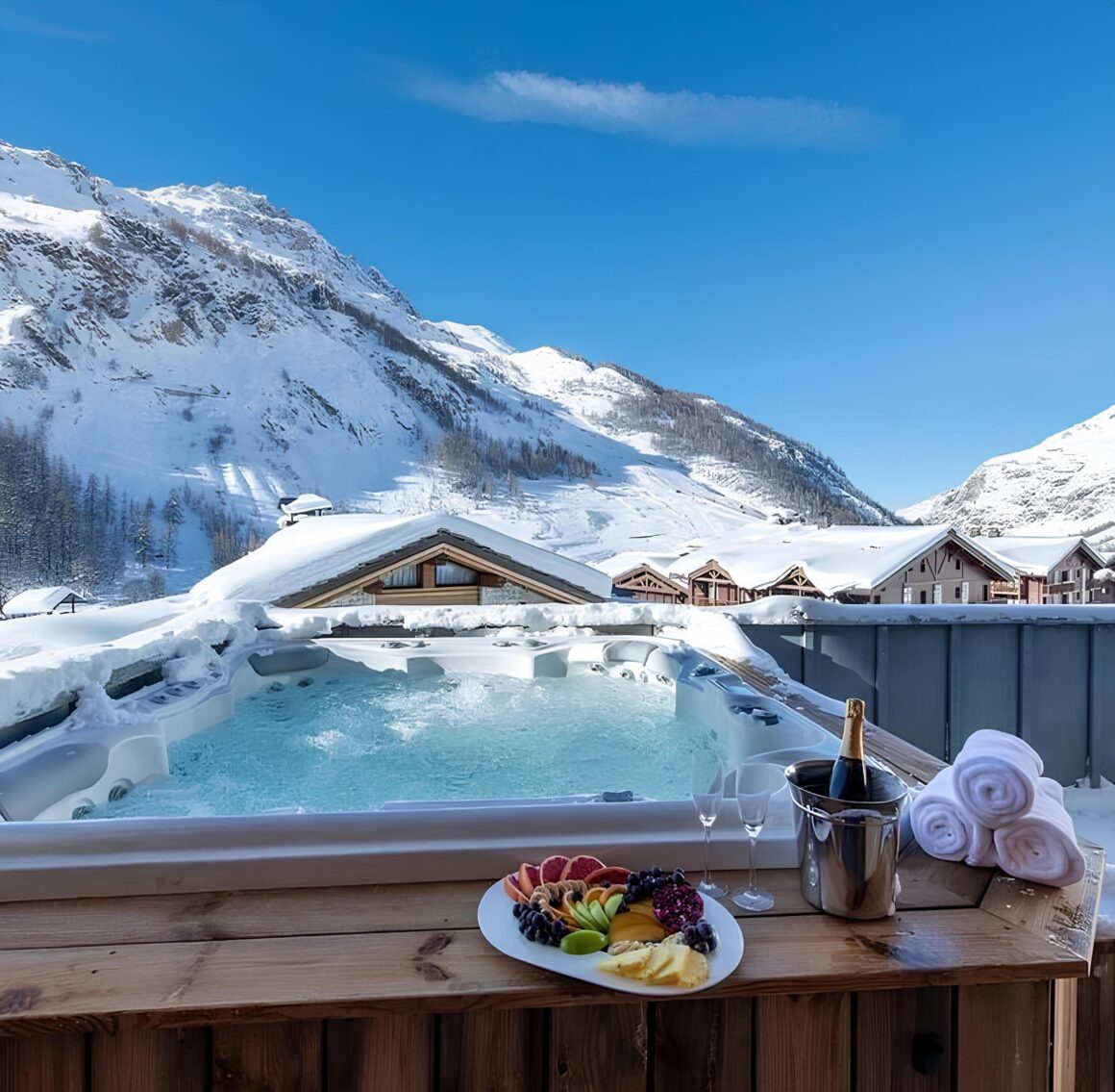 A spacious hot tub on a chalet terrace, surrounded by snow, with a fruit platter and champagne against a mountain backdrop.