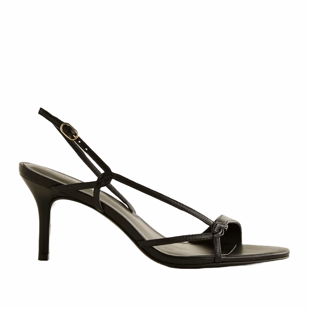 Minimal black strappy sandal with mid-heel and adjustable slingback