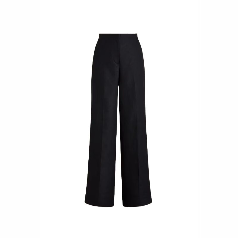 Black wide-leg linen trousers with tailored front and mid-rise waistband