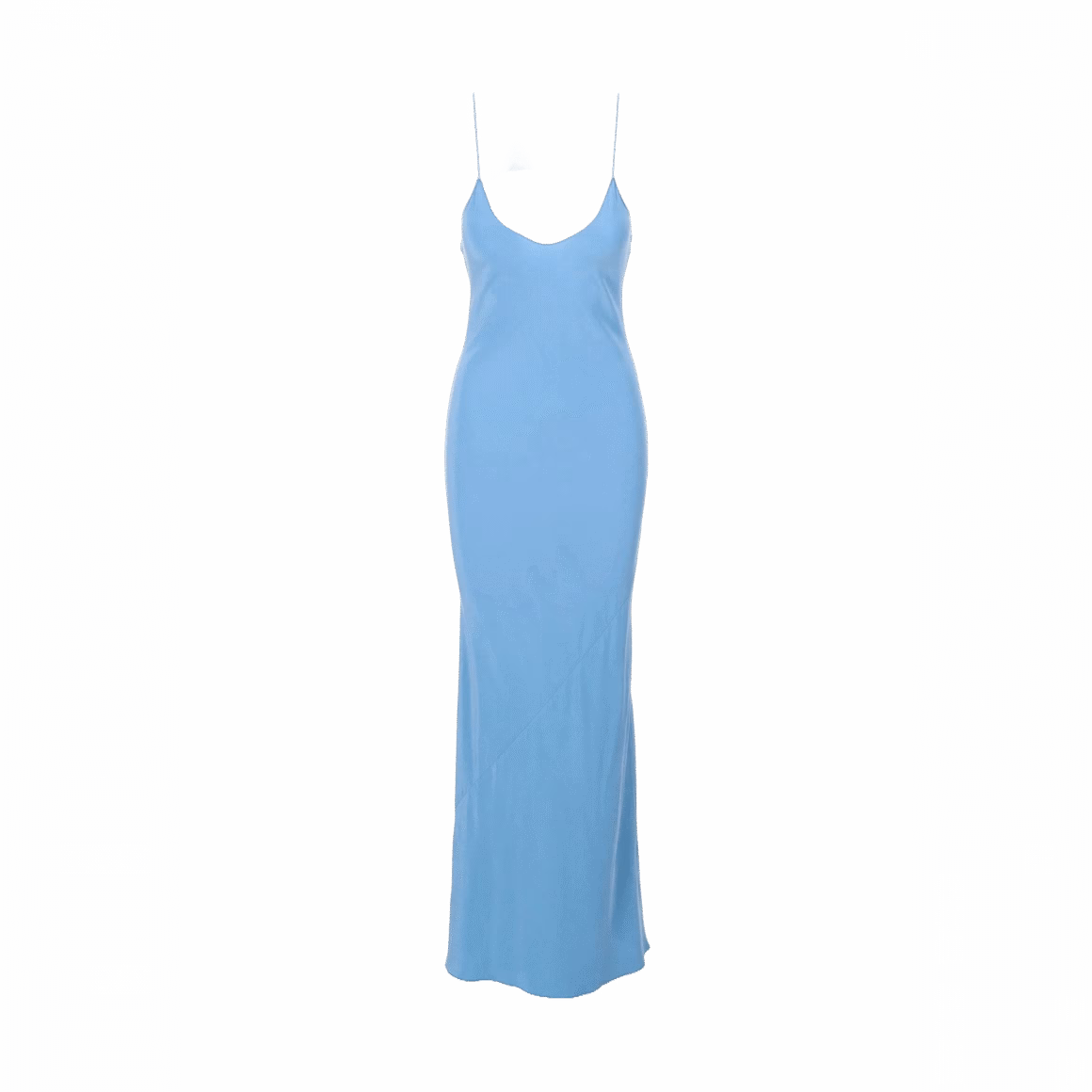 Light slate blue silk slip dress with spaghetti straps and fluid silhouette