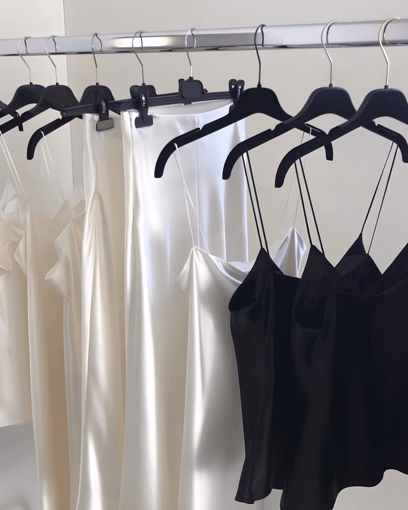 Silk camisoles and slip skirts in black and ivory on a minimalist clothing rack, showcasing versatile pieces for an elevated summer 2025 capsule wardrobe