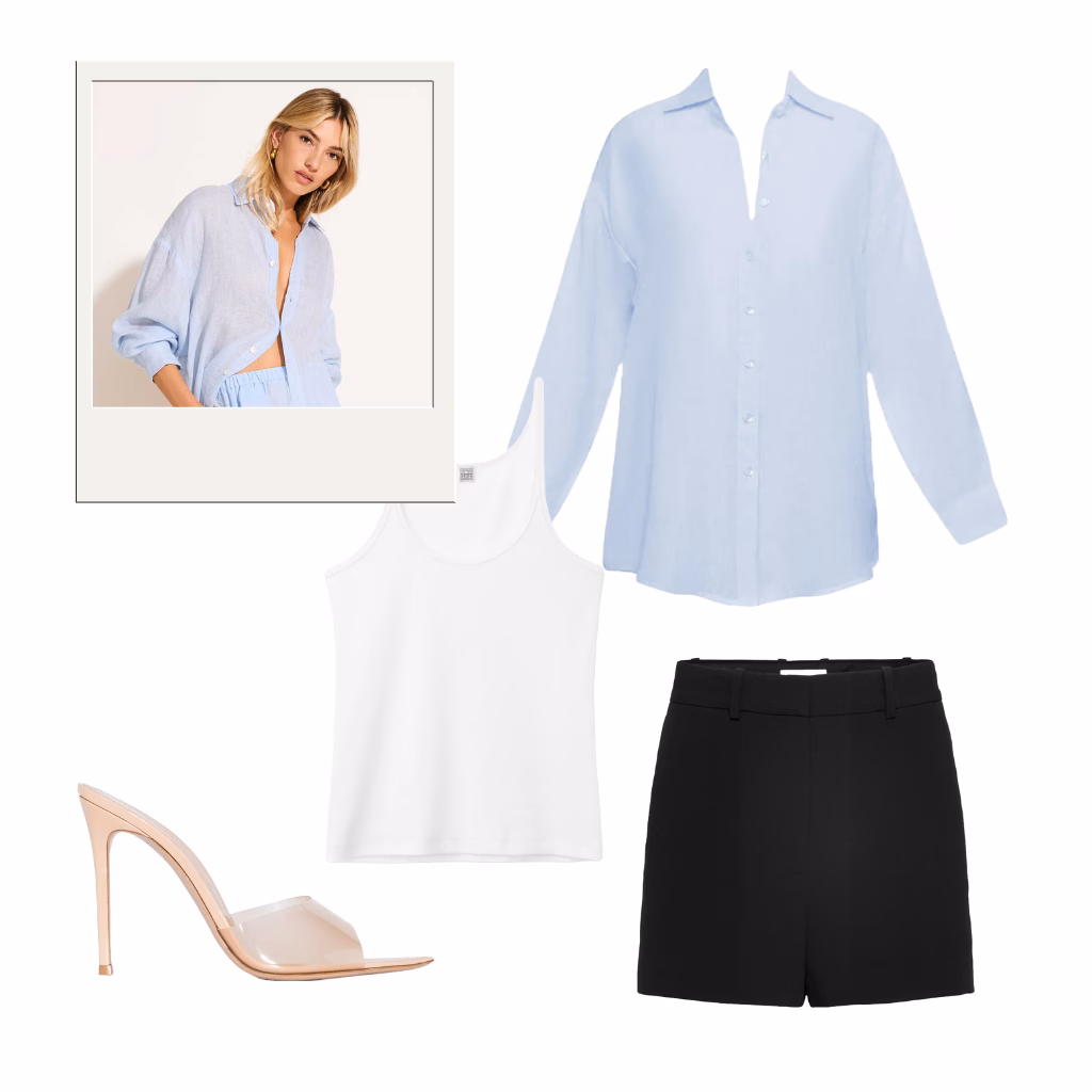 Neutral outfit with light blue button-up, white tank, black tailored shorts, and nude heels styled for a chic summer evening look.