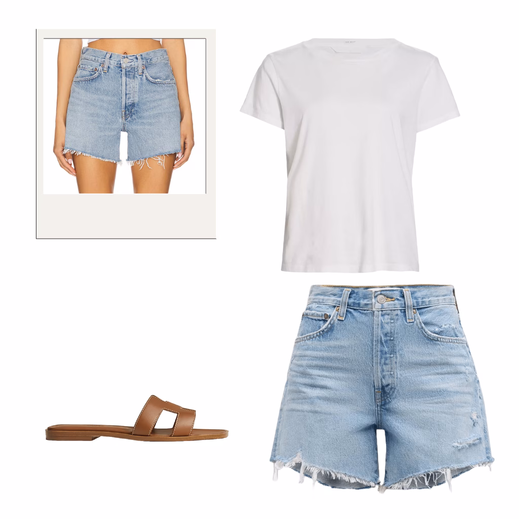 Summer outfit with white crewneck tee, light-wash denim shorts, and tan leather sandals styled for a coastal capsule wardrobe look.