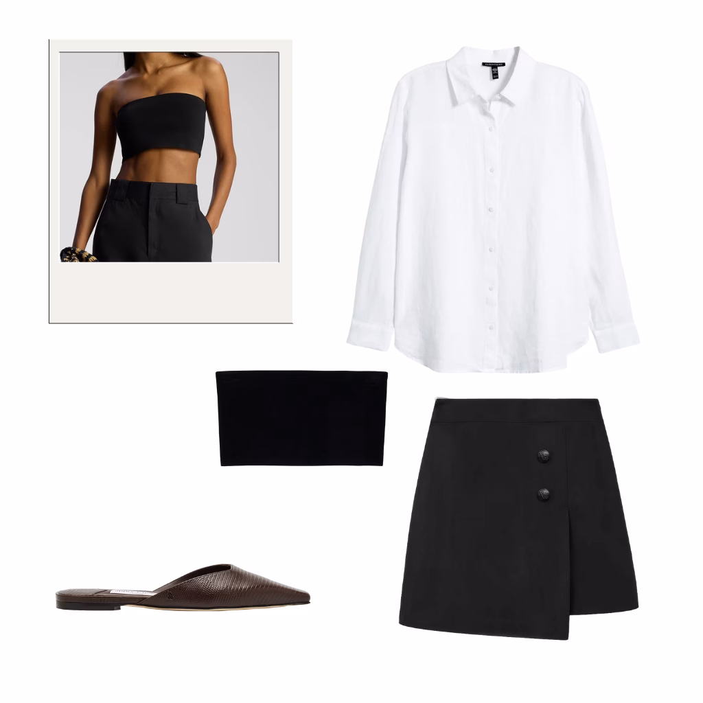 Black bandeau top, black mini skort, and white linen shirt paired with dark brown flat mules for a monochrome summer look.
