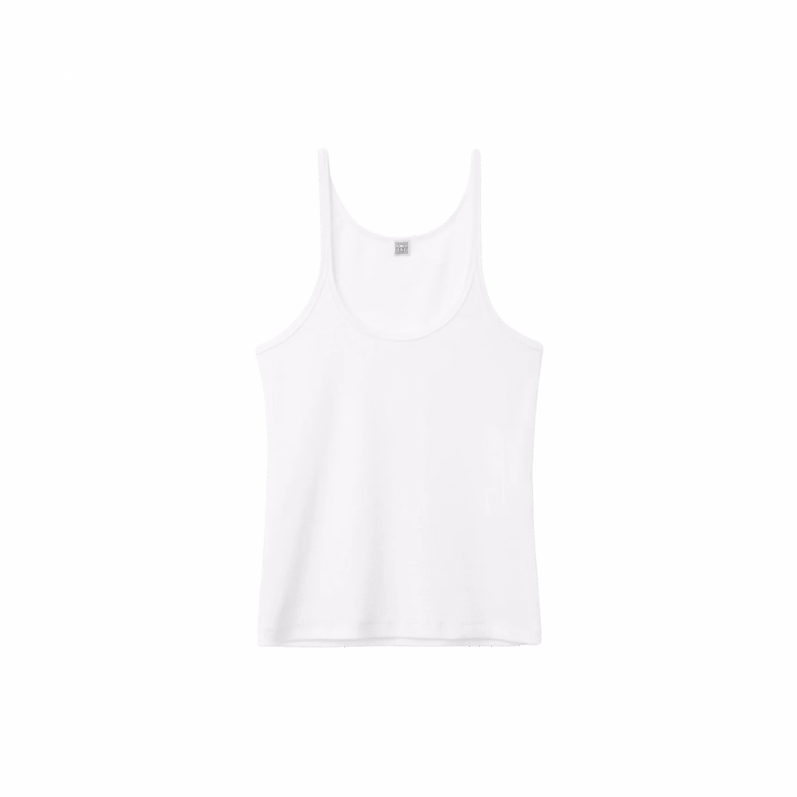 White rib-knit tank top with scoop neckline and body-hugging fit
