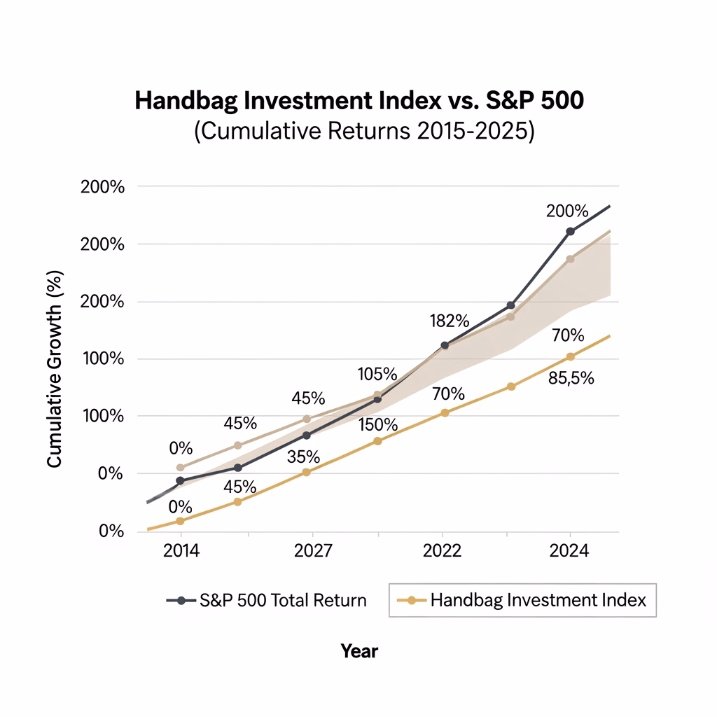 A line chart comparing the 10-year cumulative growth of the Handbag Investment Index (85.5%) against the S&P 500 Total Return (182%), from 2015 to 2025.