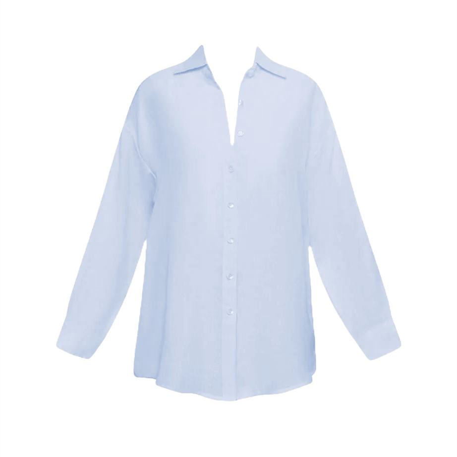 Oversized boyfriend shirt in soft celeste blue linen with button front